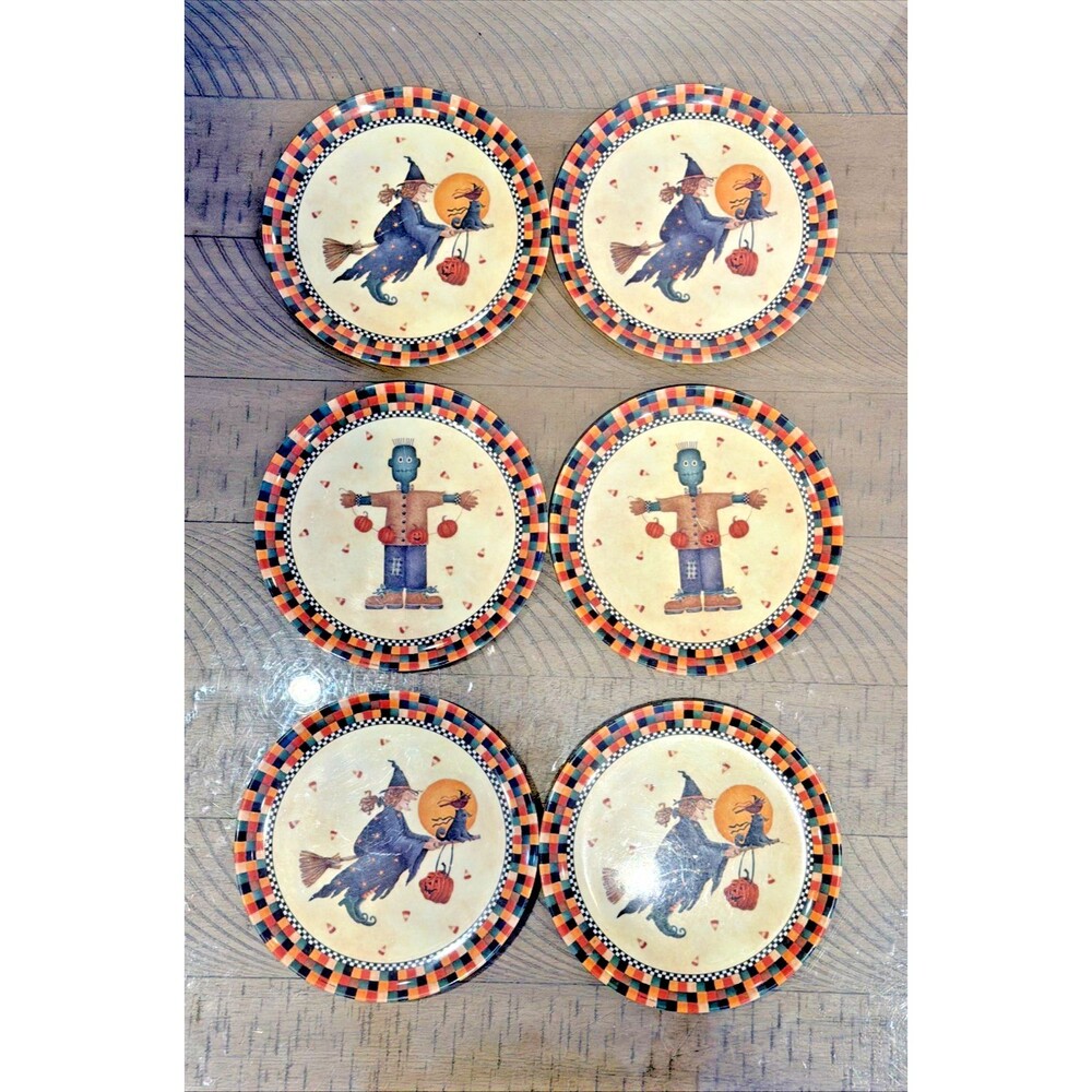 Sakura Debbie Mumm Halloween Set of 6 Plates 8” Salad Desert Witch Cat scarecrow
